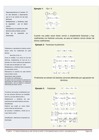 Ejemplo 1:
Descomponemos el número 12

3 ⋅ 4 .x + 3

en dos factores y observamos

3
(3 . 4 . x + 3 ) =
3

que el 3 es común en los dos
términos.
Multiplicamos y dividimos toda
la expresión

12x + 3

3
 3 .4 . x
3 .
+  =
3
 3

por el factor

común

3 .(4 x + 1 ) =

Efectuamos el cociente de cada
término entre el factor común
Esta

es

la

expresión

ya

factorizada

Cuando nos piden sacar factor común o simplemente factorizar y hay
coeficientes con factores comunes, se saca el máximo común divisor de
dichos coeficientes.
Ejemplo 2: Factorizar el polinomio

Ordenamos y calculamos el máximo común

− 12 x 3 + 36 x 2 + 18 x

divisor entre los coeficientes de cada
término,
Mcd (36,12,18) = 6

− 12 x 3 + 36 x 2 + 18 x

Como la variable x es común en los tres

6x
. − 12 x 3 + 36 x 2 + 18 x
6x

(

elevada a la menor potencia que aparezca.
En este caso es elevada a la 1 (6x)
Multiplicamos y dividimos toda la expresión
por este factor común

6 x. − 2 x 2 + 6 x + 3

entre el factor común

los dos primeros términos son divisibles
entre 3x y los dos últimos entre 4.
Multiplicamos

y

dividimos

las

dos

expresiones por estos factores comunes
Simplificando
Observa que surgió un nuevo factor
común entre los dos términos.
Se procede a multiplicar y dividir por el
nuevo factor común.

Simplificando obtenemos la expresión ya
factorizada

)

Finalmente se extraen los factores comunes diferentes por agrupación de
términos.

Ejemplo 3:
Formamos dos grupos considerando que






(

Efectuamos el cociente de cada término

Resolviendo cada cociente:
Se dividen los coeficientes, y,
Se aplica la ley de cociente de potencias de
igual base (se copia la base y se restan los
exponentes) y así se obtiene la expresión
factorizada por factor común

)

 12 x 3 36 x 2 18 x
6 x . −
+
+

6x
6x
6x


términos, multiplicamos el mcd por la x

3 x 2 − 6 xy + 4 x − 8 y

Factorizar

(3 x

2

)

− 6 xy + (4 x − 8 y )

(

)

3x
4
3 x 2 − 6 xy + (4 x − 8 y )
3x
4
 3 x 2 6 xy
3 x
 3x − 3x



 4x 8y 
 + 4
−


4 
 4


3 x .( x − 2 y ) + 4 ( x − 2 y )

(x − 2 y ) [3 x.(x − 2 y ) + 4(x − 2 y )]
(x − 2 y )
 3x.( x − 2y ) 4( x − 2y ) 
+
(x − 2y ) 
 ( x − 2y )


( x − 2y )

( x − 2 y )(3 x + 4 )
UNEFA – CURSO INTEGRAL DE NIVELACIÓN UNIVERSITARIA (CINU)- MATEMÁTICA

Página 30

 