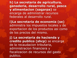 h) La secretaria de agricultura,
ganaderia, desarrollo rural, pesca
y alimentacion (sagarpa) se
encarga de administrar recursos
federales al desarrollo rural.
i)La secretaria de economia (se)
administra los impuestos locales y de
exportacion de los productos asi como
de los precios del mismo.
j) La secretaria de hacienda y
credito publico (shcp) se encarga
de la recaudacion tributaria,
administracion financiera y
fiscalizacion de recursos del gasto
publico.
 