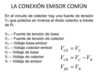 LA CONEXIÓN EMISOR COMÚN
En el circuito de colector hay una fuente de tensión
VCC que polariza en inversa al diodo colecto...
