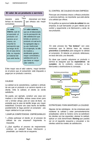 Pag 3 EMPRENDIMIENTO 8°
Pag 3 emp 8°
requiere para descansar por largo
tiempo es necesario que ofrezca una mayor
comodidad.
Entre mayor sea el valor externo, mayor también
es el precio que el consumidor está dispuesto a
pagar por un producto o servicio.
CALIDAD
La calidad es la característica, cualidad o atributo
de uso que un producto o un servicio reporta a un
cliente. Ante la calidad, el cliente se siente
satisfecho.
Se puede, por ejemplo, construir una casa con
madera o con ladrillos; ambas casas sirven para
vivir y brindar abrigo; pero en caso de lluvia es
probable que la casa de ladrillo tenga una mayor
estabilidad. Comprar una casa hecha de ladrillos
posiblemente le haga percibir al comprador una
mayor calidad en lo que compra.
1.2AMPLIA COMPETENCIAS EMPRESARIALES
1. ¿Debe participar el cliente en el proceso de
calidad de una empresa? Argumenta tu
respuesta.
2. ¿Qué significa el proceso de mejoramiento
continuo en calidad? Busca información y
preséntala por medio de un esquema.
EL CONTROL DE CALIDAD EN UNA EMPRESA
Para que una empresa crezca y ofrezca productos
o servicios óptimos, es importante que esté atenta
a la calidad que ofrece.
En la gráfica se aprecia el ciclo de calidad de una
empresa, la cual demuestra un gran interés por el
control y seguimiento a la fabricación y venta de
sus productos.
En este proceso los “los testeos” son unas
revisiones que la fabrica hace de manera
preventiva o correctiva para asegurar la calidad
al comprador. Si detecta un producto defectuoso
se saca del ciclo y se descarta.
Es clave que cuando adquieras un producto o
servicio te asegures que tus expectativas se
cumplan; de lo contrario, comunica a los
fabricantes o distribuidores tu concepto.
Fabrica
ESTRATEGIAS PARA MANTENER LA CALIDAD
Algunas de las estrategias de las empresas para
mantener la calidad y estar permanentemente
actualizadas sobre la manera como se satisfacen
los clientes son las siguientes: planear la calidad,
aplicar un ciclo denominado Deming que puedes
ver en el siguiente esquema y encuestar a los
clientes sobre los niveles de satisfacción.
PRODUCTO TESTEO
NO
Se descarta
OK
Almacén
Accionespreventivas
TESTEONO
OK
AccionescorrectivasSe descarta
Usuariofinal Almacén
El valor de un producto o servicio
Un valor
interno, que es
el asociado al
producto o el
servicio en sí
mismo, sin
importar la
percepción que
se tenga de él.
En el caso de la
silla, no importa
el material del
que está hecha.
Un valor externo,
que es el relacionado
con la percepción de
alta satisfacción que
brinda un servicio o
producto al cual se le
ha agregado algo a
su uso tradicional.
En el ejemplo, la silla
de madera y
abollonada genera
mayor comodidad y
satisfacción por lo
que tiene un mayor
valor externo.
Tiene
 