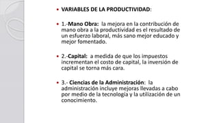  VARIABLES DE LA PRODUCTIVIDAD:
 1.-Mano Obra: la mejora en la contribución de
mano obra a la productividad es el resultado de
un esfuerzo laboral, más sano mejor educado y
mejor fomentado.
 2.-Capital: a medida de que los impuestos
incrementan el costo de capital, la inversión de
capital se torna más cara.
 3.- Ciencias de la Administración: la
administración incluye mejoras llevadas a cabo
por medio de la tecnología y la utilización de un
conocimiento.
 