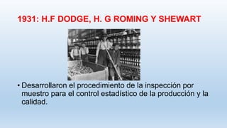 1931: H.F DODGE, H. G ROMING Y SHEWART
• Desarrollaron el procedimiento de la inspección por
muestro para el control estadístico de la producción y la
calidad.
 