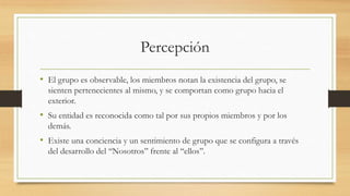 Percepción
• El grupo es observable, los miembros notan la existencia del grupo, se
sienten pertenecientes al mismo, y se comportan como grupo hacia el
exterior.

• Su entidad es reconocida como tal por sus propios miembros y por los
demás.

• Existe una conciencia y un sentimiento de grupo que se configura a través
del desarrollo del ‘‘Nosotros’’ frente al ‘‘ellos’’.

 