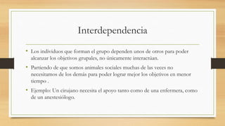 Interdependencia
• Los individuos que forman el grupo dependen unos de otros para poder
alcanzar los objetivos grupales, no únicamente interactúan.

• Partiendo de que somos animales sociales muchas de las veces no
necesitamos de los demás para poder lograr mejor los objetivos en menor
tiempo .

• Ejemplo: Un cirujano necesita el apoyo tanto como de una enfermera, como
de un anestesiólogo.

 