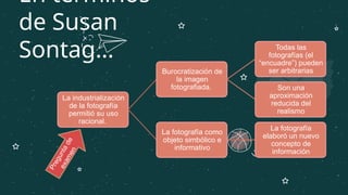 En términos
de Susan
Sontag…
La industrialización
de la fotografía
permitió su uso
racional.
Burocratización de
la imagen
fotografiada.
Todas las
fotografías (el
“encuadre”) pueden
ser arbitrarias
Son una
aproximación
reducida del
realismo
La fotografía como
objeto simbólico e
informativo
La fotografía
elaboró un nuevo
concepto de
información
P
r
e
g
u
n
t
a
d
e
e
x
a
m
e
n
 