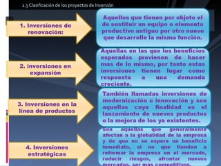 1.3 Clasificación de los proyectos de Inversión 1. Inversiones de renovación: 2. inversiones en expansión 3. Inversiones en la línea de productos 4. Inversiones estratégicas 