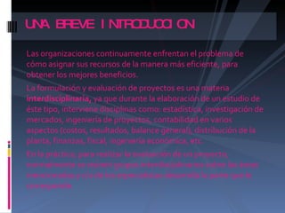 Las organizaciones continuamente enfrentan el problema de cómo asignar sus recursos de la manera más eficiente, para obtener los mejores beneficios. La formulación y evaluación de proyectos es una materia  interdisciplinaria,  ya que durante la elaboración de un estudio de éste tipo, interviene disciplinas como: estadística, investigación de mercados, ingeniería de proyectos, contabilidad en varios aspectos (costos, resultados, balance general), distribución de la planta, finanzas, fiscal, ingeniería económica, etc. En la práctica, para realizar la evaluación de un proyecto, normalmente se reúnen grupos interdisciplinarios sobre las áreas mencionadas y c/u de los especialistas desarrolla la parte que le corresponde.  UNA BREVE INTRODUCCION 