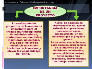 1.1 Importancia y Definición de los Proyectos  de Inversión La realización de proyectos de inversión es importante para el trabajo multidisciplinario de administradores, contadores, economistas, ingenieros, psicólogos, etc. con el objeto de introducir una nueva iniciativa de inversión, y elevar las posibilidades del  éxito.   IMPORTANCIA DE UN PROYECTO A nivel de empresa, la importancia es tal, que el éxito de las operaciones normales se apoya principalmente, en las utilidades que el proyecto genera.  La inversión que se toma en cada empresa sobre la base de la influencia de las decisiones de inversión, puede minimizar costos, tener precios más accesibles, nuevas fuentes de trabajo, entre otras.  