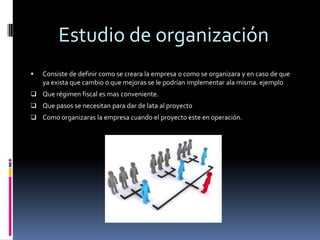 Estudio de organización
   Consiste de definir como se creara la empresa o como se organizara y en caso de que
    ya exista que cambio o que mejoras se le podrían implementar ala misma. ejemplo
 Que régimen fiscal es mas conveniente.
 Que pasos se necesitan para dar de lata al proyecto
 Como organizaras la empresa cuando el proyecto este en operación.
 