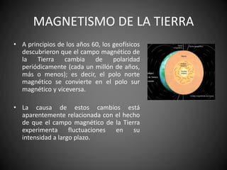 MAGNETISMO DE LA TIERRA
• A principios de los años 60, los geofísicos
descubrieron que el campo magnético de
la Tierra cambia de polaridad
periódicamente (cada un millón de años,
más o menos); es decir, el polo norte
magnético se convierte en el polo sur
magnético y viceversa.
• La causa de estos cambios está
aparentemente relacionada con el hecho
de que el campo magnético de la Tierra
experimenta fluctuaciones en su
intensidad a largo plazo.
 
