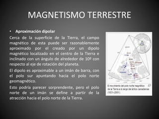 MAGNETISMO TERRESTRE
• Aproximación dipolar
Cerca de la superficie de la Tierra, el campo
magnético de esta puede ser razonablemente
aproximado por el creado por un dipolo
magnético localizado en el centro de la Tierra e
inclinado con un ángulo de alrededor de 10º con
respecto al eje de rotación del planeta.
El dipolo es aproximable a un imán de barra, con
el polo sur apuntando hacia el polo norte
geomagnético.
Esto podría parecer sorprendente, pero el polo
norte de un imán se define a partir de la
atracción hacia el polo norte de la Tierra.
 