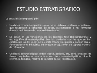 ESTUDIO ESTRATIGRAFICO
La escala esta compuesta por:
• Unidades cronoestratigráficas (piso, serie, sistema, eratema, eonotema),
que responden a conjuntos de rocas, estratificados o no, formados
durante un intervalo de tiempo determinado.
• Se basan en las variaciones de los registros fósil (bioestratigrafía) y
estratigráfico (litoestratigrafía). Son las unidades con las que se han
establecido las divisiones de la escala cronoestratigráfica estándar para el
Fanerozoico (y el Ediacárico del Precámbrico). Sirven de soporte material
de referencia.
• Unidades geocronológicas (edad, época, periodo, era, eón), unidades de
tiempo equivalentes una a una con las cronoestratigráficas. Son la
referencia temporal relativa de la escala para el Fanerozoico.
 