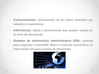 • Conocimientos: comprensión de los datos obtenidos por
estudios o experiencia
• Información: datos y conocimiento que pueden usarse en
la toma de decisiones
• Sistema de información administrativa (SIA): sistema
para organizar y transmitir datos a modo de convertirlos en
información útil para la toma de decisiones
 