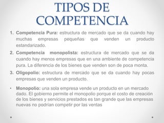 TIPOS DE
COMPETENCIA
1. Competencia Pura: estructura de mercado que se da cuando hay
muchas empresas pequeñas que venden un producto
estandarizado.
2. Competencia monopolista: estructura de mercado que se da
cuando hay menos empresas que en una ambiente de competencia
pura. La diferencia de los bienes que venden son de poca monta.
3. Oligopolio: estructura de mercado que se da cuando hay pocas
empresas que venden un producto.
• Monopolio: una sola empresa vende un producto en un mercado
dado. El gobierno permite el monopolio porque el costo de creación
de los bienes y servicios prestados es tan grande que las empresas
nuevas no podrían competir por las ventas
 