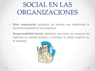 SOCIAL EN LAS
ORGANIZACIONES
• Ética empresarial: principios de normas que determinan la
conducta aceptable en las empresas.
• Responsabilidad Social: obligación que tiene una empresa de
optimizar su impacto positivo y minimizar su efecto negativo en
la sociedad.
 