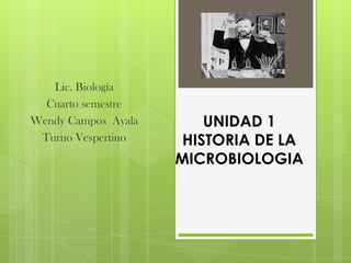 Lic. Biología
  Cuarto semestre
Wendy Campos Ayala       UNIDAD 1
 Turno Vespertino     HISTORIA DE LA
                     MICROBIOLOGIA
 