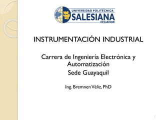 INSTRUMENTACIÓN INDUSTRIAL
Carrera de Ingeniería Electrónica y
Automatización
Sede Guayaquil
Ing. BremnenVéliz, PhD
1
 