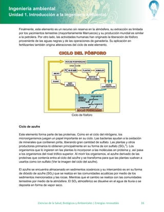 Ingeniería ambiental
Unidad 1. Introducción a la ingeniería ambiental


     Finalmente, este elemento es un recurso sin reserva en la atmósfera, su extracción es limitada
     por los yacimientos terrestres (mayoritariamente Marruecos) y su producción mundial es similar
     a la petrolera. Por otro lado, las actividades humanas han originado la liberación de fósforo
     proveniente de las aguas negras y de las operaciones de ganadería. Su aplicación en
     fertilizantes también origina alteraciones del ciclo de este elemento.




                                               Ciclo de fósforo


     Ciclo de azufre

     Este elemento forma parte de las proteínas. Como en el ciclo del nitrógeno, los
     microorganismos juegan un papel importante en su ciclo. Las bacterias ayudan a la oxidación
     de minerales que contienen pirita, liberando gran cantidad de sulfato. Las plantas y otros
     productores primarios lo obtienen principalmente en su forma de ion sulfato (SO4-2). Los
     organismos que lo ingieren en las plantas lo incorporan a las moléculas en proteína y, así pasa
     a los organismos del nivel trófico superior. Al morir los organismos, el azufre derivado de las
     proteínas que contenía entra al ciclo del azufre y se transforma para que las plantas vuelvan a
     usarlos como ion sulfato (Ver la imagen del ciclo del azufre).

     El azufre se encuentra almacenado en sedimentos oceánicos y su intercambio es en su forma
     de dióxido de azufre (SO2) que se realiza en las comunidades acuáticas por medio de los
     sedimentos mencionados y las rocas. Mientras que el cambio se realiza con las comunidades
     terrestres por medio de la atmósfera. El SO2 atmosférico se disuelve en el agua de lluvia o se
     deposita en forma de vapor seco.




                   Ciencias de la Salud, Biológicas y Ambientales | Energías renovables           16
 