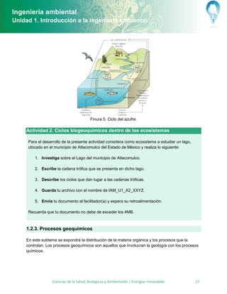 Ingeniería ambiental
Unidad 1. Introducción a la ingeniería ambiental




                                         Finura 5. Ciclo del azufre.

     Actividad 2. Ciclos biogeoquímicos dentro de los ecosistemas

      Para el desarrollo de la presente actividad considera como ecosistema a estudiar un lago,
      ubicado en el municipio de Atlacomulco del Estado de México y realiza lo siguiente:

         1. Investiga sobre el Lago del municipio de Atlacomulco.

         2. Escribe la cadena trófica que se presenta en dicho lago.

         3. Describe los ciclos que dan lugar a las cadenas tróficas.

         4. Guarda tu archivo con el nombre de IAM_U1_A2_XXYZ.

         5. Envía tu documento al facilitador(a) y espera su retroalimentación.

      Recuerda que tu documento no debe de exceder los 4MB.



     1.2.3. Procesos geoquímicos

     En este subtema se expondrá la distribución de la materia orgánica y los procesos que la
     controlan. Los procesos geoquímicos son aquellos que involucran la geología con los procesos
     químicos.




                   Ciencias de la Salud, Biológicas y Ambientales | Energías renovables           17
 