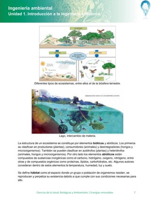 Ingeniería ambiental
Unidad 1. Introducción a la ingeniería ambiental




                 Diferentes tipos de ecosistemas, entre ellos el de la biósfera terrestre.




                                      Lago, intercambio de materia.

     La estructura de un ecosistema se constituye por elementos bióticos y abióticos. Los primeros
     se clasifican en productores (plantas), consumidores (animales) y desintegradores (hongos y
     microorganismos). También se pueden clasificar en autótrofos (plantas) y heterótrofos
     (animales, hongos y microorganismos). Por otro lado los elementos abióticos están
     compuestos de sustancias inorgánicas como el carbono, hidrógeno, oxígeno, nitrógeno, entre
     otras y de compuestos orgánicos como proteínas, lípidos, carbohidratos, etc. Algunos autores
     consideran dentro de estos elementos la temperatura, humedad, luz y suelo.

     Se define hábitat como el espacio donde un grupo o población de organismos residen, se
     reproducen y perpetúa su existencia debido a que cumple con sus condiciones necesarias para
     ello.



                   Ciencias de la Salud, Biológicas y Ambientales | Energías renovables         7
 