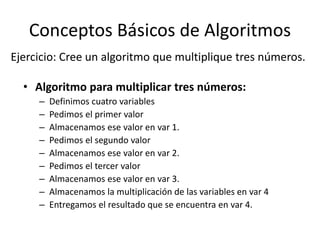 Conceptos Básicos de Algoritmos
• La manera en que hemos detallado nuestros dos
algoritmos se llama PSEUDO-CÓDIGO. Y este
...