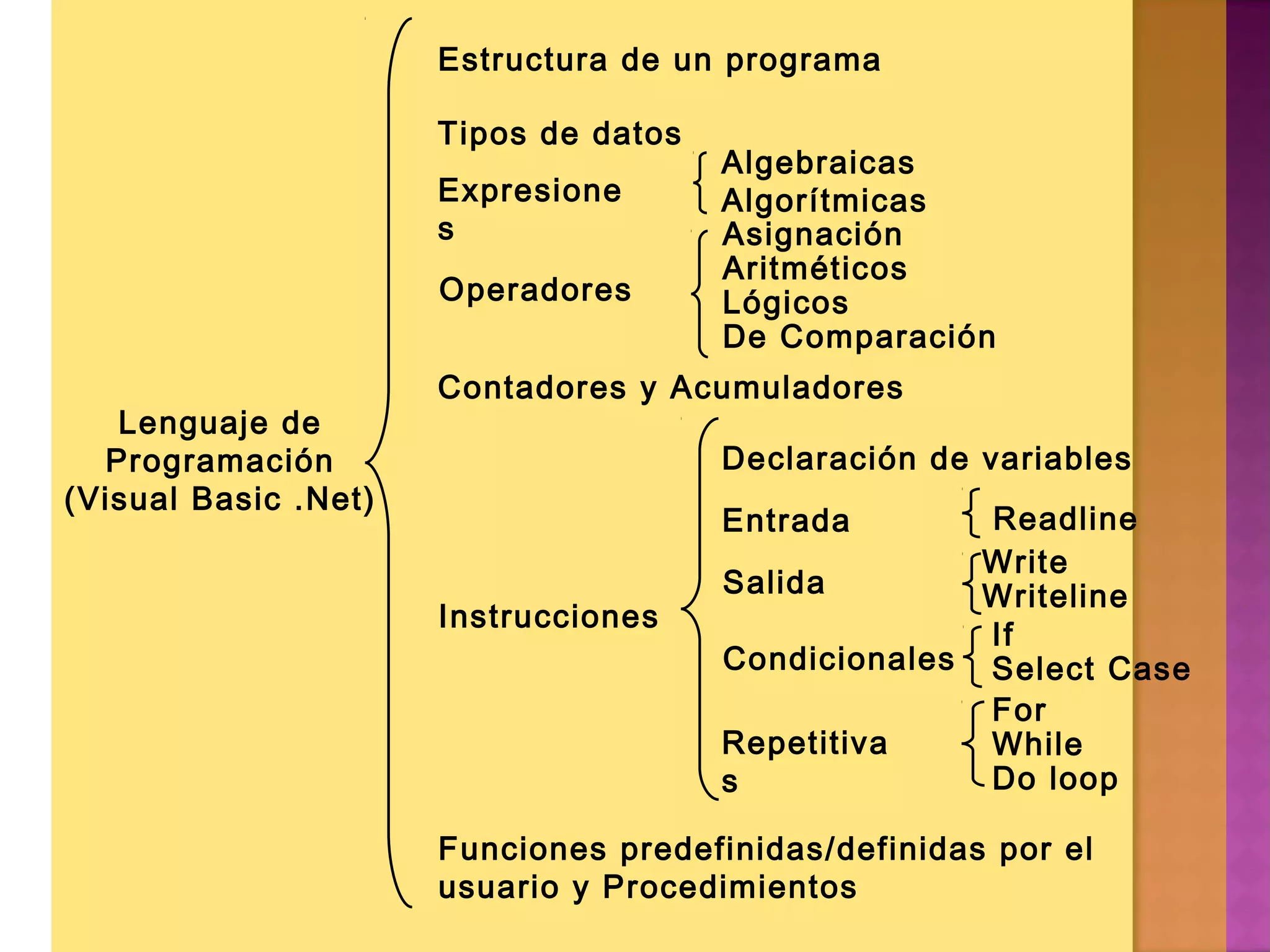 Estructura de un programa

                      Tipos de datos
                                       Algebraicas
                      Expresione       Algorítmicas
                      s                Asignación
                                       Aritméticos
                      Operadores       Lógicos
                                       De Comparación
                      Contadores y Acumuladores
   Lenguaje de
  Programación                         Declaración de variables
(Visual Basic .Net)
                                       Entrada       Readline
                                                     Write
                                       Salida        Writeline
                      Instrucciones
                                                     If
                                       Condicionales Select Case
                                                     For
                                       Repetitiva    While
                                       s             Do loop

                      Funciones predefinidas/definidas por el
                      usuario y Procedimientos
 
