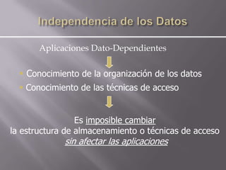 Aplicaciones Dato-Dependientes

   Conocimiento de la organización de los datos
   Conocimiento de las técnicas de acceso


                 Es imposible cambiar
la estructura de almacenamiento o técnicas de acceso
             sin afectar las aplicaciones
 