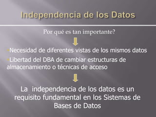 Por qué es tan importante?


Necesidad de diferentes vistas de los mismos datos
Libertad del DBA de cambiar estructuras de
almacenamiento o técnicas de acceso


    La independencia de los datos es un
  requisito fundamental en los Sistemas de
               Bases de Datos
 
