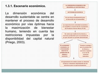 1.3.1. Escenario económico.
La dimensión económica del
desarrollo sustentable se centra en
mantener el proceso de desarrollo
económico por vías óptimas hacia
la maximización de bienestar
humano, teniendo en cuenta las
restricciones impuestas por la
disponibilidad del capital natural
(Priego, 2003).
 