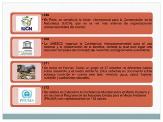 1948
• En Paris, se constituyó la Unión Internacional para la Conservación de la
Naturaleza (UICN), que es la red más extensa de organizaciones
conservacionistas del mundo.
1968
• La UNESCO organizó la Conferencia Intergubernamental para el uso
racional y la conservación de la biosfera, durante la cual tuvo lugar una
discusión temprana del concepto de desarrollo ecológicamente sustentable.
1971
• Se reúne en Founex, Suiza; un grupo de 27 expertos de diferentes países
sobre desarrollo y el medio ambiente. Ellos redactan un documento sobre
pobreza tomando en cuenta seis ejes: vivienda, agua, salud, higiene,
nutrición y catástrofes naturales.
1972
• Se celebra en Estocolmo la Conferencia Mundial sobre el Medio Humano y
ahí se crea el Programa de las Naciones Unidas para el Medio Ambiente
(PNUMA) con representantes de 113 países.
 