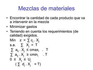 Mezclas de materiales
• Encontrar la cantidad de cada producto que va
a intervenir en la mezcla
• Minimizar gastos
• Teniendo en cuenta los requerimientos (de
calidad) exigidos.
Min z = ∑ cj . Xj
s.a. ∑ Xj = T
∑ aij . Xj ≤ cmaxi . T
∑ aij . Xj ≥ cmini . T
0 ≤ Xj ≤ Uj
( ∑ dj . Xj = T)
 