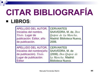 CITAR BIBLIOGRAFÍA LIBROS : CERVANTES SAAVEDRA, M. de (2006).  Don Quijote de La Mancha . Madrid: Biblioteca Nueva. APELLIDO DEL AUTOR, Inicial/es del nombre(año de publicación).  Título.  Lugar de publicación: Editor CERVANTES SAAVEDRA, M. de.  Don Quijote de La Mancha . Madrid: Biblioteca Nueva, 2006. APELLIDO DEL AUTOR, Inicial/es del nombre.  Título.  Lugar de publicación: Editor, año de publicación. 