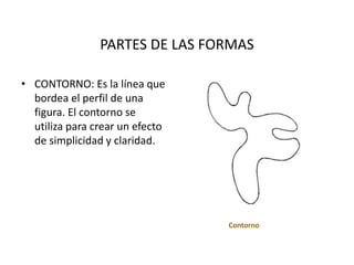 PARTES DE LAS FORMAS
• CONTORNO: Es la línea que
bordea el perfil de una
figura. El contorno se
utiliza para crear un efecto
de simplicidad y claridad.
Contorno
 