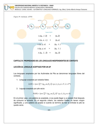 101 
UNIVERSIDAD NACIONAL ABIERTA Y A DISTANCIA – UNAD 
ESCUELA DE CIENCIAS BÁSICAS TECNOLOGÍA E INGENIERÍA 
MODULO CURSO: 301405 – AUTÓMATAS Y LENGUAJES FORMALES. Ing. (Msc). Carlos Alberto Amaya Tarazona 
Figura 59: Autómata AFPD. 
Δ (q0,  Z) = (q1,Z) 
Δ (q1, x,  ) = (q1,x) 
Δ (q1, y, x) = (q2,  ) 
Δ (q2, y, x) = (q2,  ) 
Δ (q2,  , Z) = (q3, Z) 
CAPITULO 6: PROPIEDADES DE LOS LENGUAJES INDEPENDIENTES DE CONTEXTO 
LECCIÓN 26. LENGUAJE ACEPTADO POR UN AP 
Los lenguajes aceptados por los Autómatas de Pila se denominan lenguajes libres del 
contexto. 
1. Lenguaje aceptado por estados fiales: 
( ) { *: ( , , ) 0 0 L M    q  Z ├ ( ,, ),  F, *} 
2. Leguaje aceptado por pila vacía: 
( ) { *: ( , , ) 0 0 N M    q  Z ├* ( ,, ),  K} 
En el primer caso, una palabra es aceptada, si se puede llegar a un estado final después 
de consumir la entrada. En el segundo criterio, los estados finales no tienen ningún 
significado, y una palabra se acepta si cuando se termina de leer la entrada la pila se 
queda vacía. 
 