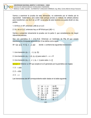 103 
UNIVERSIDAD NACIONAL ABIERTA Y A DISTANCIA – UNAD 
ESCUELA DE CIENCIAS BÁSICAS TECNOLOGÍA E INGENIERÍA 
MODULO CURSO: 301405 – AUTÓMATAS Y LENGUAJES FORMALES. Ing. (Msc). Carlos Alberto Amaya Tarazona 
Vamos a examinar la prueba de esta afirmación, no solamente por el interés por la 
rigurosidad matemática, sino sobre todo porque provee un método de utilidad práctica 
para transformar una GLC en un AP. La prueba de este teorema se puede dividir en dos 
partes: 
1. Si M es un AP, entonces L(M) es un LLC 
2. Si L es un LLC, entonces hay un AP M tal que L(M) = L 
Vamos a presentar únicamente la prueba con la parte 2, que consideramos de mayor 
relevancia práctica. 
Sea una gramática G = (V,Σ,R,S). Entonces un Autómata de Pila M que acepta 
exactamente el lenguaje generado por G se define como sigue: 
M = ({p, q},Σ, V U Σ, Δ , p, {q}) donde Δ contiene las siguientes transiciones: 
1. Una transición ((p,  ,  ), (q, S)) 
2. Una transición ((q,  ,A), (q, x)) para cada A → x  R 
3. Una transición ((q,  ,  ), (q,  )) para cada  Σ 
Ejemplo 53 Obtener un AP que acepte el LLC generado por la gramática con reglas: 
1. S → aSa 
2. S → bSb 
3. S → c 
Las transiciones del AP correspondiente están dadas en la tabla siguiente: 
1 (p,  , ) (q,S) 
2 (p,  ,S) (q,aSa) 
3 (q,  ,S) (q,bSb) 
4 (q,  ,S) (q,c) 
5 (q,a, a) (q,  ) 
6 (q,b, b) (q,  ) 
7 (q,c, c) (q,  ) 
 