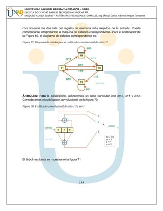 144 
UNIVERSIDAD NACIONAL ABIERTA Y A DISTANCIA – UNAD ESCUELA DE CIENCIAS BÁSICAS TECNOLOGÍA E INGENIERÍA MODULO CURSO: 301405 – AUTÓMATAS Y LENGUAJES FORMALES. Ing. (Msc). Carlos Alberto Amaya Tarazona 
con observar los dos bits del registro de memoria más alejados de la entrada. Puede comprobarse interpretando la máquina de estados correspondiente. Para el codificador de la Figura 69, el diagrama de estados correspondiente es: 
Figura 69: Diagrama de estados para el codificador convolucional de ratio 1/2 
ÁRBOLES: Para la descripción, utilizaremos un caso particular con m=3, k=1 y n=2. Consideramos el codificador convolucional de la figura 70 
Figura 70: Codificador convolucional de ratio 1/3 y m=3 
El árbol resultante se muestra en la figura 71 
 