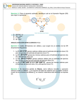 157 
UNIVERSIDAD NACIONAL ABIERTA Y A DISTANCIA – UNAD ESCUELA DE CIENCIAS BÁSICAS TECNOLOGÍA E INGENIERÍA MODULO CURSO: 301405 – AUTÓMATAS Y LENGUAJES FORMALES. Ing. (Msc). Carlos Alberto Amaya Tarazona 
Ejercicio 3.1 Para el siguiente autómata, identifique cuál es la Expresión Regular (ER) que mejor lo representa: 
A. (ab+ba) + a 
B. (ab + aba)* 
C. a +(ab)* 
D. ab +(ab)* 
ANALICE LA RELACIÓN ENTRE EL EJERCICIO 3 Y 3.1 
Ejercicio 4: Cuáles afirmaciones son válidas y que surgen de un análisis de las ER (Expresiones Regulares): 
1. La ER (0+1)*01 genera cadenas válidas para el autómata del ejercicio doce (12) pero no para las del autómata del ejercicio once (11). 
2. La ER (0+1)*01 genera las mismas cadenas para el Autómata del ejercicio dos (2) y del ejercicio doce (12) 
3. La ER (0+1)*11(01)* genera cadenas válidas para el autómata del ejercicio dos (2) pero no para las del autómata del ejercicio doce (12). 
4. La ER (1*00*1(00*1)*1)*1*00*1(00*1)* genera las mismas cadenas para el Autómata del ejercicio doce (12) y del ejercicio once (11). 
Ejercicio 5: Se denomina estrella de Kleene, cierre reflexivo transitivo u operación asterisco sobre un alfabeto Σ al conjunto de todas las cadenas que se pueden construir a partir de los símbolos del alfabeto Σ; en notación matemática esta definición se expresa así. 
 
