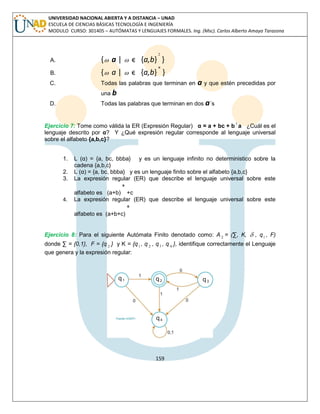 159 
UNIVERSIDAD NACIONAL ABIERTA Y A DISTANCIA – UNAD 
ESCUELA DE CIENCIAS BÁSICAS TECNOLOGÍA E INGENIERÍA 
MODULO CURSO: 301405 – AUTÓMATAS Y LENGUAJES FORMALES. Ing. (Msc). Carlos Alberto Amaya Tarazona 
A. { a |  ϵ {a,b} 
2 
} 
B. { a |  ϵ {a,b} * } 
C. Todas las palabras que terminan en a y que estén precedidas por 
una b 
D. Todas las palabras que terminan en dos a´s 
Ejercicio 7: Tome como válida la ER (Expresión Regular) α = a + bc + b 3 a ¿Cuál es el 
lenguaje descrito por α? Y ¿Qué expresión regular corresponde al lenguaje universal 
sobre el alfabeto {a,b,c}? 
1. L (α) = {a, bc, bbba} y es un lenguaje infinito no deterministico sobre la 
cadena {a,b,c} 
2. L (α) = {a, bc, bbba} y es un lenguaje finito sobre el alfabeto {a,b,c} 
3. La expresión regular (ER) que describe el lenguaje universal sobre este 
alfabeto es (a+b) 
* 
+c 
4. La expresión regular (ER) que describe el lenguaje universal sobre este 
alfabeto es (a+b+c) 
* 
Ejercicio 8: Para el siguiente Autómata Finito denotado como: A2 = (Σ, K,  , q1 , F) 
donde Σ = {0,1}, F = {q 2 } y K = {q 1 , q 2 , q3 , q 4 }, identifique correctamente el Lenguaje 
que genera y la expresión regular: 
 