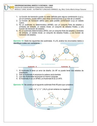 162 
UNIVERSIDAD NACIONAL ABIERTA Y A DISTANCIA – UNAD 
ESCUELA DE CIENCIAS BÁSICAS TECNOLOGÍA E INGENIERÍA 
MODULO CURSO: 301405 – AUTÓMATAS Y LENGUAJES FORMALES. Ing. (Msc). Carlos Alberto Amaya Tarazona 
1. La función de transición puede no estar definida para alguna combinación (x,q) y, 
por el contrario, puede definir para otras combinaciones (x,q) más de un estado. 
2. La función de transición define para cada posible combinación (x,q) un estado 
nuevo. 
3. Es un autómata no determinístico (AFND), con un conjunto finito de estados y 
símbolos de entrada, un estado inicial, un conjunto de estados finales, y una 
función de transición de estados. 
4. Es un autómata determinístico (AFD), con un conjunto finito de estados y símbolos 
de entrada, un estado inicial, un conjunto de estados finales, y una función de 
transición de estados. 
Ejercicio 13: Dado los siguientes dos autómatas A y B, analice los enunciados dados e 
identifique cuales son verdaderos. 
1. El Autómata B tiene un error de diseño. Un AF no puede tener dos estados de 
aceptación. 
2. Solo el Autómata A reconoce la cadena vacía lambda 
3. Los dos Autómatas reconocen el mismo Lenguaje. 
4. El Autómata A es un AFND y el Autómata B es un AFD. 
Ejercicio 14: Se construyó el siguiente autómata finito M para que cumpliera: 
L(M) = {x m y n z p | m,n y p son enteros no negativos } 
 