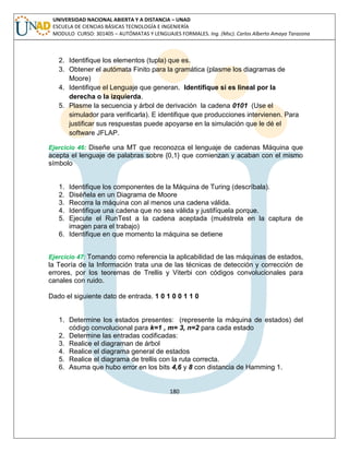 180 
UNIVERSIDAD NACIONAL ABIERTA Y A DISTANCIA – UNAD ESCUELA DE CIENCIAS BÁSICAS TECNOLOGÍA E INGENIERÍA MODULO CURSO: 301405 – AUTÓMATAS Y LENGUAJES FORMALES. Ing. (Msc). Carlos Alberto Amaya Tarazona 
2. Identifique los elementos (tupla) que es. 
3. Obtener el autómata Finito para la gramática (plasme los diagramas de Moore) 
4. Identifique el Lenguaje que generan. Identifique si es lineal por la derecha o la izquierda. 
5. Plasme la secuencia y árbol de derivación la cadena 0101 (Use el simulador para verificarla). E identifique que producciones intervienen. Para justificar sus respuestas puede apoyarse en la simulación que le dé el software JFLAP. 
Ejercicio 46: Diseñe una MT que reconozca el lenguaje de cadenas Máquina que acepta el lenguaje de palabras sobre {0,1} que comienzan y acaban con el mismo símbolo 
1. Identifique los componentes de la Máquina de Turing (descríbala). 
2. Diséñela en un Diagrama de Moore 
3. Recorra la máquina con al menos una cadena válida. 
4. Identifique una cadena que no sea válida y justifíquela porque. 
5. Ejecute el RunTest a la cadena aceptada (muéstrela en la captura de imagen para el trabajo) 
6. Identifique en que momento la máquina se detiene 
Ejercicio 47: Tomando como referencia la aplicabilidad de las máquinas de estados, la Teoría de la Información trata una de las técnicas de detección y corrección de errores, por los teoremas de Trellis y Viterbi con códigos convolucionales para canales con ruido. 
Dado el siguiente dato de entrada. 1 0 1 0 0 1 1 0 
1. Determine los estados presentes: (represente la máquina de estados) del código convolucional para k=1 , m= 3, n=2 para cada estado 
2. Determine las entradas codificadas: 
3. Realice el diagraman de árbol 
4. Realice el diagrama general de estados 
5. Realice el diagrama de trellis con la ruta correcta. 
6. Asuma que hubo error en los bits 4,6 y 8 con distancia de Hamming 1.  