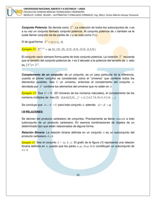 20 
UNIVERSIDAD NACIONAL ABIERTA Y A DISTANCIA – UNAD 
ESCUELA DE CIENCIAS BÁSICAS TECNOLOGÍA E INGENIERÍA 
MODULO CURSO: 301405 – AUTÓMATAS Y LENGUAJES FORMALES. Ing. (Msc). Carlos Alberto Amaya Tarazona 
Conjunto Potencia: Se denota como A 2 . La colección de todos los subconjuntos de A es 
a su vez un conjunto llamado conjunto potencia. Al conjunto potencia de A también se le 
suele llamar conjunto de las partes de A y se nota como P(A). 
O de igual forma: 2 {x | x A} A   
Ejemplo 11: 2 { ,{1},{2},{3},{1,2},{1,3},{2,3},{1,2,3}} {1,2,3}   
El conjunto vacío siempre forma parte de todo conjunto potencia. La notación A 2 recuerda 
que el tamaño del conjunto potencia de A es 2 elevado a la potencia del tamaño de A, esto 
es, | A 2 | = | | 2 A . 
Complemento de un conjunto: de un conjunto, es un caso particular de la diferencia, 
cuando el primer conjunto es considerado como el “universo” que contiene todos los 
elementos posibles. Sea U un universo, entonces el complemento del conjunto A, 
denotada por c A contiene los elementos del universo que no están en A. 
Ejemplo 12: Sea U   (El Universo de los números naturales), el complemento de los 
números múltiplos de tres (3) c {3,6,9,12,15,...} = {1,2,4,5,7,8,10,11,13,14, ….}. 
Se concluye que A A U c   para todo conjunto A; además   c A A 
I.III RELACIONES: 
Se derivan del producto cartesiano de conjuntos. Precisamente se llama relación a todo 
subconjunto de un producto cartesiano. En esencia combinaciones de objetos de un 
determinado tipo que están relacionados de alguna forma. 
Relación Binaria: La relación binaria definida en un conjunto A es un subconjunto del 
producto cartesiano A x A. 
Ejemplo 13: Sea el conjunto A = {a, b, c}. El grafo de la figura (1) representa una relación 
binaria definida en A, puesto que los pares (c,a), (b,a) (b,b) constituyen un subconjunto de 
A x A. 
 