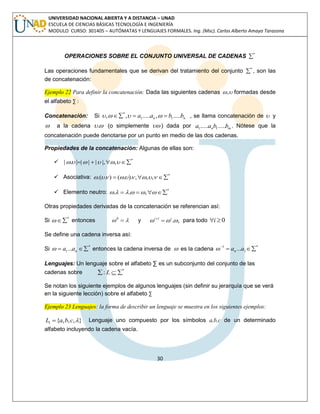 30 
UNIVERSIDAD NACIONAL ABIERTA Y A DISTANCIA – UNAD 
ESCUELA DE CIENCIAS BÁSICAS TECNOLOGÍA E INGENIERÍA 
MODULO CURSO: 301405 – AUTÓMATAS Y LENGUAJES FORMALES. Ing. (Msc). Carlos Alberto Amaya Tarazona 
OPERACIONES SOBRE EL CONJUNTO UNIVERSAL DE CADENAS *  
Las operaciones fundamentales que se derivan del tratamiento del conjunto *  , son las 
de concatenación: 
Ejemplo 22 Para definir la concatenación: Dada las siguientes cadenas , formadas desde 
el alfabeto Σ : 
Concatenación: Si n n , , a .....a , b .....b 1 1 
*        , se llama concatenación de  y 
 a la cadena . (o simplemente  ) dada por n m a .....a b .....b 1 1 . Nótese que la 
concatenación puede denotarse por un punto en medio de las dos cadenas. 
Propiedades de la concatenación: Algunas de ellas son: 
 * |. || |  | |,,  
 Asociativa: * .(. )  (.). ,,,  
 Elemento neutro: * . . ,  
Otras propiedades derivadas de la concatenación se referencian así: 
Si *   entonces    0 y . , 1    i i   para todo i  0 
Se define una cadena inversa así: 
Si * 
1 ...  n  a a entonces la cadena inversa de  es la cadena * 
1 
1  ...   a a n  
Lenguajes: Un lenguaje sobre el alfabeto Σ es un subconjunto del conjunto de las 
cadenas sobre * : L   
Se notan los siguiente ejemplos de algunos lenguajes (sin definir su jerarquía que se verá 
en la siguiente lección) sobre el alfabeto Σ 
Ejemplo 23 Lenguajes: la forma de describir un lenguaje se muestra en los siguientes ejemplos: 
{ , , , } 1 L  a b c  Lenguaje uno compuesto por los símbolos a,b,c de un determinado 
alfabeto incluyendo la cadena vacía. 
 