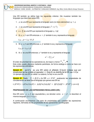 52 
UNIVERSIDAD NACIONAL ABIERTA Y A DISTANCIA – UNAD 
ESCUELA DE CIENCIAS BÁSICAS TECNOLOGÍA E INGENIERÍA 
MODULO CURSO: 301405 – AUTÓMATAS Y LENGUAJES FORMALES. Ing. (Msc). Carlos Alberto Amaya Tarazona 
Una ER también se define bajo los siguientes criterios: (Se muestran también los 
lenguajes que describen estas ER) 
1.  es una ER que representa el lenguaje vacío (no tiene elementos) L =  
2.  es una ER que representa el lenguaje L = {  } 
3. a  Σ es una ER que representa el lenguaje La = {a} 
4. Si  y  son ER entonces  +  también lo es y representa al lenguaje 
L +  = L U L 
5. Si  y  son ER entonces   también lo es y representa al lenguaje 
L  = L L 
6. Si  es una ER entonces  * también lo es y representa el lenguaje 
i 
 i   
0 
* 
   
El orden de prioridad de los operadores es, de mayor a menor: * , 
▪ 
, + 
Este orden puede alterarse mediante paréntesis, de forma análoga a como se hace con 
las expresiones aritméticas. 
Ejemplo 29 aa+b*a es una ER sobre el alfabeto Σ={a,b} (nótese que por 
simplicidad se ha omitido el operador ▪ ) Esta Er es distinta de la ER (aa + b*)a. 
Un ejemplo de una ER no válida: La cadena (+a*ba) no es una ER. 
Ejemplo 30 Dado Σ = {0,1} y la ER  = 0*10* analizando las propiedades de 
concatenación se tiene que el lenguaje que genera esa ER es: 
L (0*10*) = L(0*)▪L(1)▪L(0*) = (L(0))*▪L(1)▪(L(0))* = {0}*▪{1}▪{0}* = {0n10m │ n,m ≥ 0} 
PROPIEDADES DE LAS EXPRESIONES REGULARES (ER): 
Dos ER como  y  son equivalentes y se denotan como  =  , si describen el 
mismos lenguaje: L( ) = L(  ). 
A continuación enumeramos una serie de propiedades que cumplen las expresiones 
regulares, derivadas de las propiedades de las operaciones con lenguajes: 
 