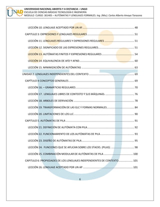 6 
UNIVERSIDAD NACIONAL ABIERTA Y A DISTANCIA – UNAD ESCUELA DE CIENCIAS BÁSICAS TECNOLOGÍA E INGENIERÍA MODULO CURSO: 301405 – AUTÓMATAS Y LENGUAJES FORMALES. Ing. (Msc). Carlos Alberto Amaya Tarazona 
LECCIÓN 10. LENGUAJE ACEPTADO POR UN AF........................................................................ 48 
CAPITULO 3: EXPRESIONES Y LENGUAJES REGULARES ................................................................. 51 
LECCIÓN 11. LENGUAJES REGULARES Y EXPRESIONES REGULARES ......................................... 51 
LECCIÓN 12. SIGNIFICADO DE LAS EXPRESIONES REGULARES .................................................. 51 
LECCIÓN 13. AUTÓMATAS FINITOS Y EXPRESIONES REGULARES ............................................. 54 
LECCIÓN 14. EQUIVALENCIA DE AFD Y AFND ............................................................................ 60 
LECCIÓN 15. MINIMIZACIÓN DE AUTÓMATAS ......................................................................... 63 
UNIDAD 2. LENGUAJES INDEPENDIENTES DEL CONTEXTO ............................................................... 69 
CAPÍTULO 4 CONCEPTOS GENERALES ........................................................................................... 69 
LECCIÓN 16. – GRAMÁTICAS REGULARES ................................................................................. 70 
LECCIÓN 17. LENGUAJES LIBRES DE CONTEXTO Y SUS MÁQUINAS. ........................................ 76 
LECCIÓN 18. ARBOLES DE DERIVACIÓN .................................................................................... 78 
LECCIÓN 19. TRANSFORMACIÓN DE LAS GLC Y FORMAS NORMALES ...................................... 84 
LECCIÓN 20. LIMITACIONES DE LOS LLC .................................................................................... 90 
CAPITULO 5. AUTÓMATAS DE PILA ............................................................................................... 91 
LECCIÓN 21. DEFINICIÓN DE AUTÓMATA CON PILA ................................................................. 92 
LECCIÓN 22. FUNCIONAMIENTO DE LOS AUTÓMATAS DE PILA ............................................... 93 
LECCIÓN 23. DISEÑO DE AUTÓMATAS DE PILA ......................................................................... 95 
LECCIÓN 24. FUNCIONES QUE SE APLICAN SOBRE LOS STACKS. (PILAS). ................................ 98 
LECCIÓN 25. COMBINACIÓN MODULAR DE AUTÓMATAS DE PILA ........................................ 100 
CAPITULO 6: PROPIEDADES DE LOS LENGUAJES INDEPENDIENTES DE CONTEXTO.................... 101 
LECCIÓN 26. LENGUAJE ACEPTADO POR UN AP ..................................................................... 101  