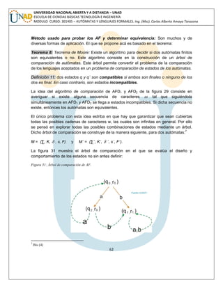 62 
UNIVERSIDAD NACIONAL ABIERTA Y A DISTANCIA – UNAD 
ESCUELA DE CIENCIAS BÁSICAS TECNOLOGÍA E INGENIERÍA 
MODULO CURSO: 301405 – AUTÓMATAS Y LENGUAJES FORMALES. Ing. (Msc). Carlos Alberto Amaya Tarazona 
Método usado para probar los AF y determinar equivalencia: Son muchos y de 
diversas formas de aplicación. El que se propone acá es basado en el teorema: 
Teorema 8: Teorema de Moore: Existe un algoritmo para decidir si dos autómatas finitos 
son equivalentes o no. Este algoritmo consiste en la construcción de un árbol de 
comparación de autómatas. Este árbol permite convertir el problema de la comparación 
de los lenguajes aceptados en un problema de comparación de estados de los autómatas. 
Definición 11: dos estados q y q´ son compatibles si ambos son finales o ninguno de los 
dos es final. En caso contrario, son estados incompatibles. 
La idea del algoritmo de comparación de AFD1 y AFD2 de la figura 29 consiste en 
averiguar si existe alguna secuencia de caracteres  tal que siguiéndola 
simultáneamente en AFD1 y AFD2 se llega a estados incompatibles. Si dicha secuencia no 
existe, entonces los autómatas son equivalentes. 
El único problema con esta idea estriba en que hay que garantizar que sean cubiertas 
todas las posibles cadenas de caracteres w, las cuales son infinitas en general. Por ello 
se pensó en explorar todas las posibles combinaciones de estados mediante un árbol. 
Dicho árbol de comparación se construye de la manera siguiente, para dos autómatas:7 
M = (Σ, K,  , s, F) y M´ = (Σ´, K´,  ´, s´, F´). 
La figura 31 muestra el árbol de comparación en el que se evalúa el diseño y 
comportamiento de los estados no sin antes definir: 
Figura 31: Árbol de comparación de AF. 
7 Bis (4) 
 