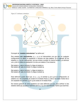 64 
UNIVERSIDAD NACIONAL ABIERTA Y A DISTANCIA – UNAD 
ESCUELA DE CIENCIAS BÁSICAS TECNOLOGÍA E INGENIERÍA 
MODULO CURSO: 301405 – AUTÓMATAS Y LENGUAJES FORMALES. Ing. (Msc). Carlos Alberto Amaya Tarazona 
Figura 32: Autómata a minimizar 
Concepto de “estados redundantes” se define así: 
Dos estados son equivalentes, q1  q2 si al intercambiar uno por otro en cualquier 
configuración no altera la aceptación o rechazo de toda palabra. En el ejemplo 36 los 
estados q1 y q6 son excluyentes, (ya que ambos cumplen la misma función) y al eliminar 
uno u otro no altera la aceptación o no de una cadena: Si se observa: 
Del estado q1 sale el símbolo 0 y llega al estado q5 
Del estado q6 sale el símbolo 0 y llega al estado q5 
Del estado q1 sale el símbolo 1 y llega al estado q2 
Del estado q6 sale el símbolo 0 y llega al estado q2 
Esta definición quiere decir que, si q1  q6, al cambiar q1 por q6 en la configuración, la 
palabra va a ser aceptada (se acaba en el estado final) si y sólo si de todos modos iba a 
ser aceptada sin cambiar q1 por q6 (se acaba en el estado final). 
De manera general: El único problema con esta definición es que, para verificar si dos 
estados dados p y q (para el ejercicio sería q1 y q6) son equivalentes, habría que examinar, 
 