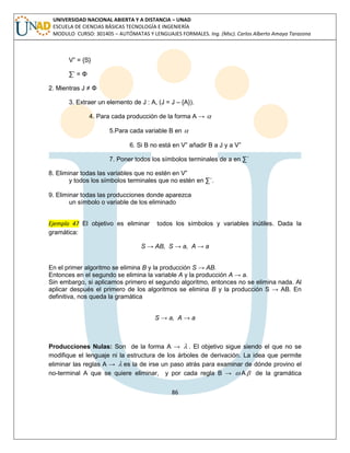 86 
UNIVERSIDAD NACIONAL ABIERTA Y A DISTANCIA – UNAD 
ESCUELA DE CIENCIAS BÁSICAS TECNOLOGÍA E INGENIERÍA 
MODULO CURSO: 301405 – AUTÓMATAS Y LENGUAJES FORMALES. Ing. (Msc). Carlos Alberto Amaya Tarazona 
V” = {S} 
Σ‟ = Φ 
2. Mientras J ≠ Φ 
3. Extraer un elemento de J : A, (J = J – {A}). 
4. Para cada producción de la forma A →  
5.Para cada variable B en  
6. Si B no está en V” añadir B a J y a V” 
7. Poner todos los símbolos terminales de a en Σ´ 
8. Eliminar todas las variables que no estén en V” 
y todos los símbolos terminales que no estén en Σ´. 
9. Eliminar todas las producciones donde aparezca 
un símbolo o variable de los eliminado 
Ejemplo 47 El objetivo es eliminar todos los símbolos y variables inútiles. Dada la 
gramática: 
S → AB, S → a, A → a 
En el primer algoritmo se elimina B y la producción S → AB. 
Entonces en el segundo se elimina la variable A y la producción A → a. 
Sin embargo, si aplicamos primero el segundo algoritmo, entonces no se elimina nada. Al 
aplicar después el primero de los algoritmos se elimina B y la producción S → AB. En 
definitiva, nos queda la gramática 
S → a, A → a 
Producciones Nulas: Son de la forma A →  . El objetivo sigue siendo el que no se 
modifique el lenguaje ni la estructura de los árboles de derivación. La idea que permite 
eliminar las reglas A →  es la de irse un paso atrás para examinar de dónde provino el 
no-terminal A que se quiere eliminar, y por cada regla B →  A de la gramática 
 