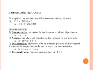 5. OPERACIÓN PRODUCTO:
Multiplicar es sumar repetidas veces un mismo número.
Ej: 2· 3 = 2+2+2 = 6
5· 4 = 5+5+5+5 = 20
PROPIEDADES:
A) Conmutativa: el orden de los factores no altera el producto.
a·b=b·a
B) Asociativa: da igual el orden de los factores en un producto.
a · (b · c) = (a· b ) · c
C) Distributiva: el producto de un número por una suma es igual
a la suma de los productos de ese número por los sumandos.
a · (b + c) = a· b + a· c
D) Elemento neutro: es el uno, porque a · 1 = a

 