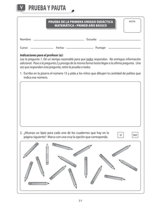 31
Nombre:	 	 Escuela:
Curso:	 Fecha:	 	 Puntaje:
Indicaciones para el profesor (a):
Lea la pregunta 1. Dé un tiempo razonable para que todos respondan. No entregue información
adicional. Pase a la pregunta 2 y prosiga de la misma forma hasta llegar a la última pregunta. Una
vez que respondan esta pregunta, retire la prueba a todos.
1.	 Escriba en la pizarra el número 15 y pida a los niños que dibujen la cantidad de palitos que
indica ese número.
2.	 ¿Alcanza un lápiz para cada uno de los cuadernos que hay en la
página siguiente?  Marca con una cruz la opción que corresponda.
NOSÍ
Nota
PruebaypautaV
Prueba de la primera unidad didáctica
matemática • primer año Básico
 