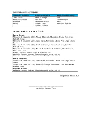 X. RECURSOS YMATERIALES
Materiales educativos Recursos educativos Espacios de aprendizaje
Texto Escolar
Cuaderno de trabajo
Proyector
Laptop
Fichas de trabajo
Papelotes
Plumones de colores
Software Excel
Software Geogebra
Aula
Sala de cómputo
Patio
Plataforma deportiva
XI. REFERENCIAS BIBLIOGRÁFICAS
Para el docente:
Ministerio de Educación. (2016). Manual del docente. Matemática 2. Lima, Perú: Grupo
Editorial Norma.
Ministerio de Educación. (2016). Texto escolar. Matemática 2. Lima, Perú:Grupo Editorial
Norma.
Ministerio de Educación. (2016). Cuaderno de trabajo. Matemática 2. Lima, Perú: Grupo
Editorial Norma.
Ministerio de Educación. (2012). Módulo de Resolución de Problemas, “Resolvamos 2”.
Lima, Perú: Autor.
Folletos, separatas,láminas, equipo de multimedia, etc.
Plumones, cartulinas, papelotes, cinta masking tape, pizarra, tiza, etc.
Para el estudiante:
Ministerio de Educación. (2016). Texto escolar. Matemática 2. Lima, Perú:Grupo Editorial
Norma.
Ministerio de Educación. (2016). Cuaderno de trabajo. Matemática 2. Lima, Perú: Grupo
Editorial Norma.
Separatas, lecturas.
Plumones, cartulinas, papelotes, cinta masking tape, pizarra, tiza, etc.
Pátapo,13 de abril del 2020
…………………………………………………..
Mg. Yohnny Carrasco Torres
 